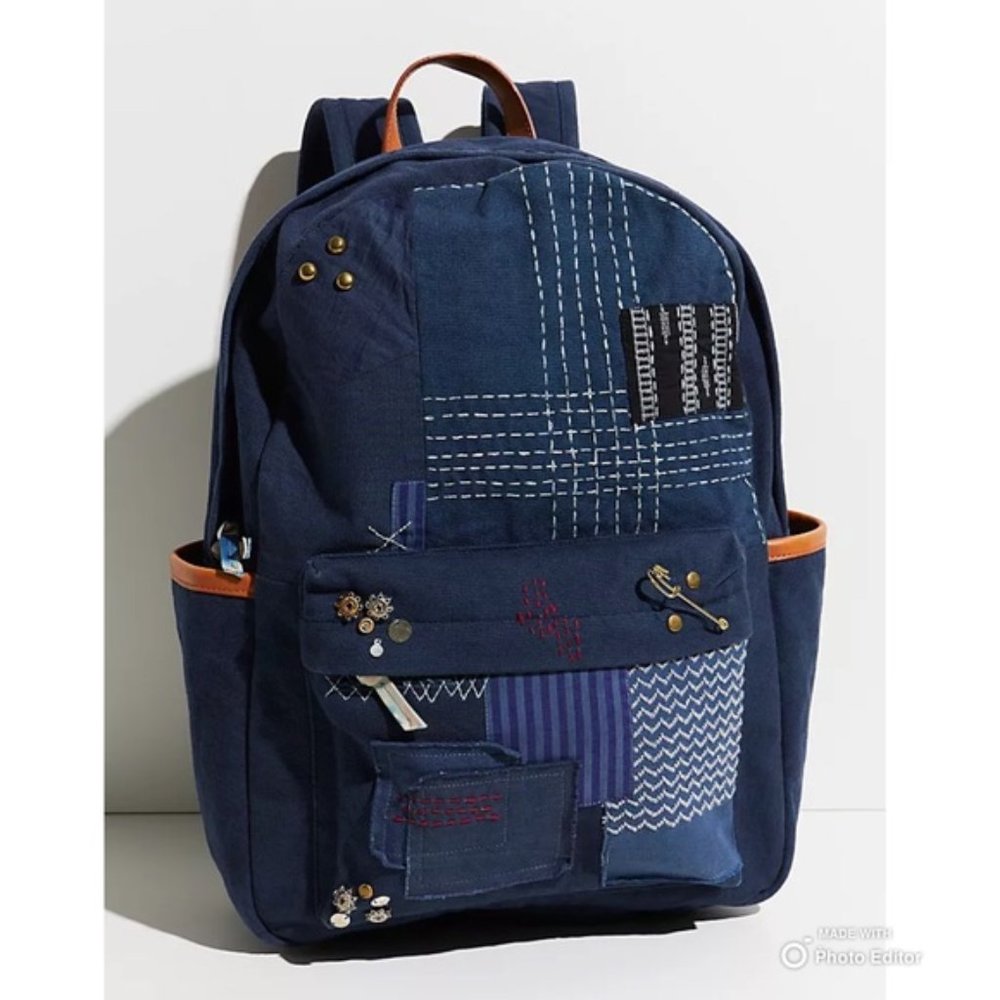 Free People Navy Patchwork Canvas Backpack